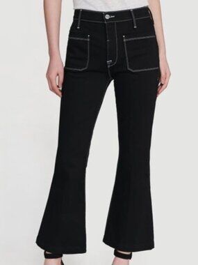 Frame Le Bardot Cropped Flare Jeans with White Stitching in Noir 26"